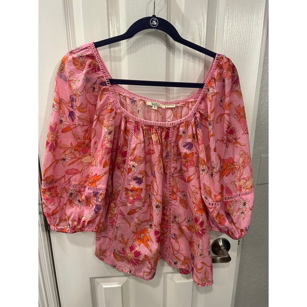 MAHILA Floral Blouse Pink Cotton Crochet Trim Boho Puff Sleeve Square Neck Top